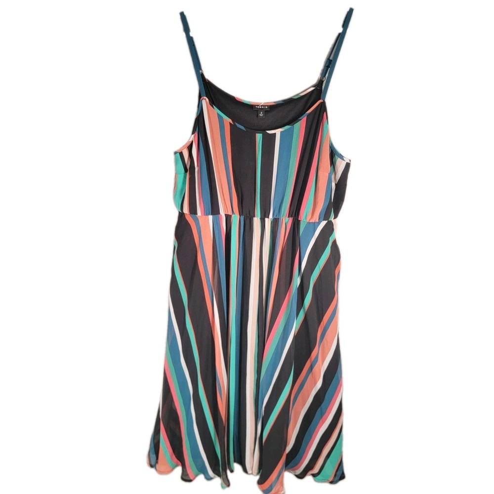 Torrid Dress 2 2X 18-20 Striped Chiffon Cami Midi Sundress Pockets Teal Coral